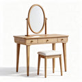 Coiffeuse en bois clair avec miroir rond et pouf rembourré 100 x 40 x 75cm
