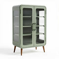 Armoire vitrée en métal vert avec étagères et pieds en bois 80 x 40 x 120cm