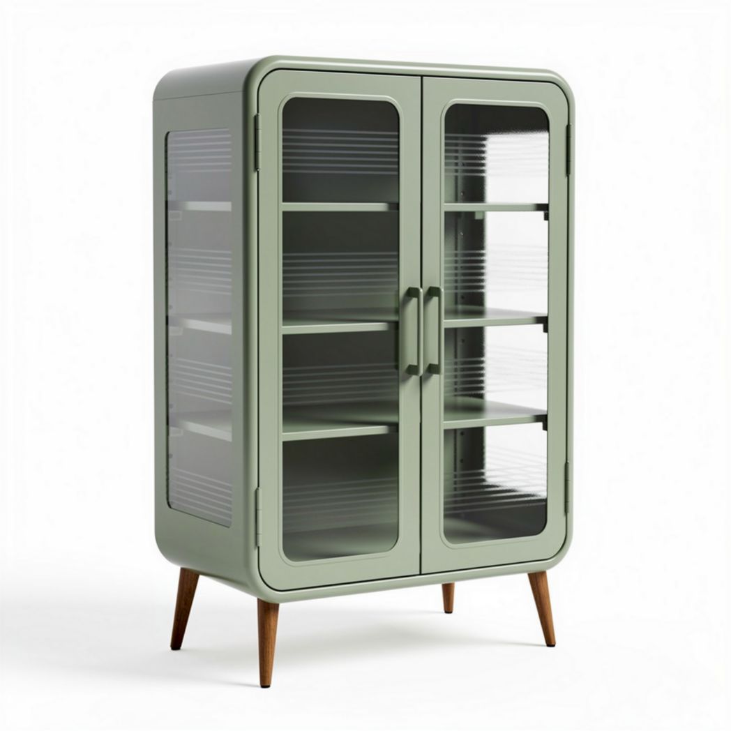 Armoire vitrée en métal vert avec étagères et pieds en bois 80 x 40 x 120cm