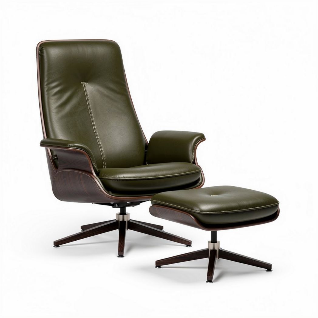 Fauteuil en cuir vert avec repose-pieds en bois et métal dimensions 85 x 80 x 100cm